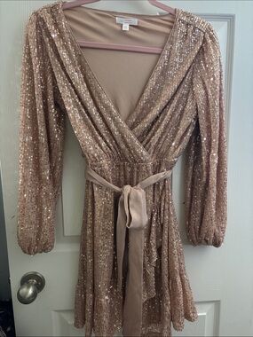 LC Lauren Conrad Rose Gold Sequin Wrap Dress with Long Sleeves